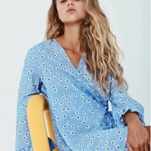 NWT Ganni Beacon Floral Cotton Silk Poplin Wrap Midi Dress Sky Blue DK34 $225